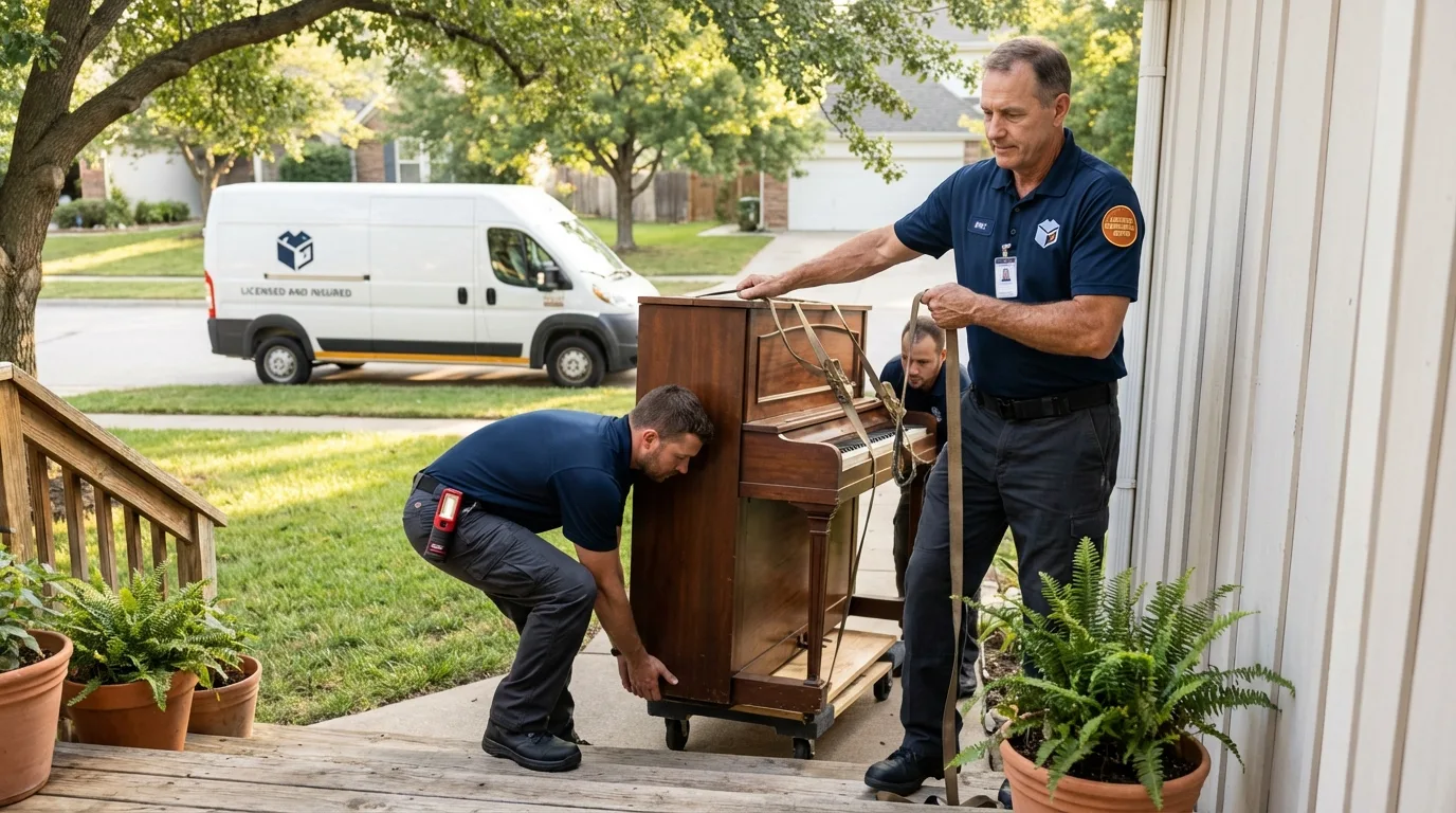 Licensed piano movers securing grand piano in Jaffrey, NH