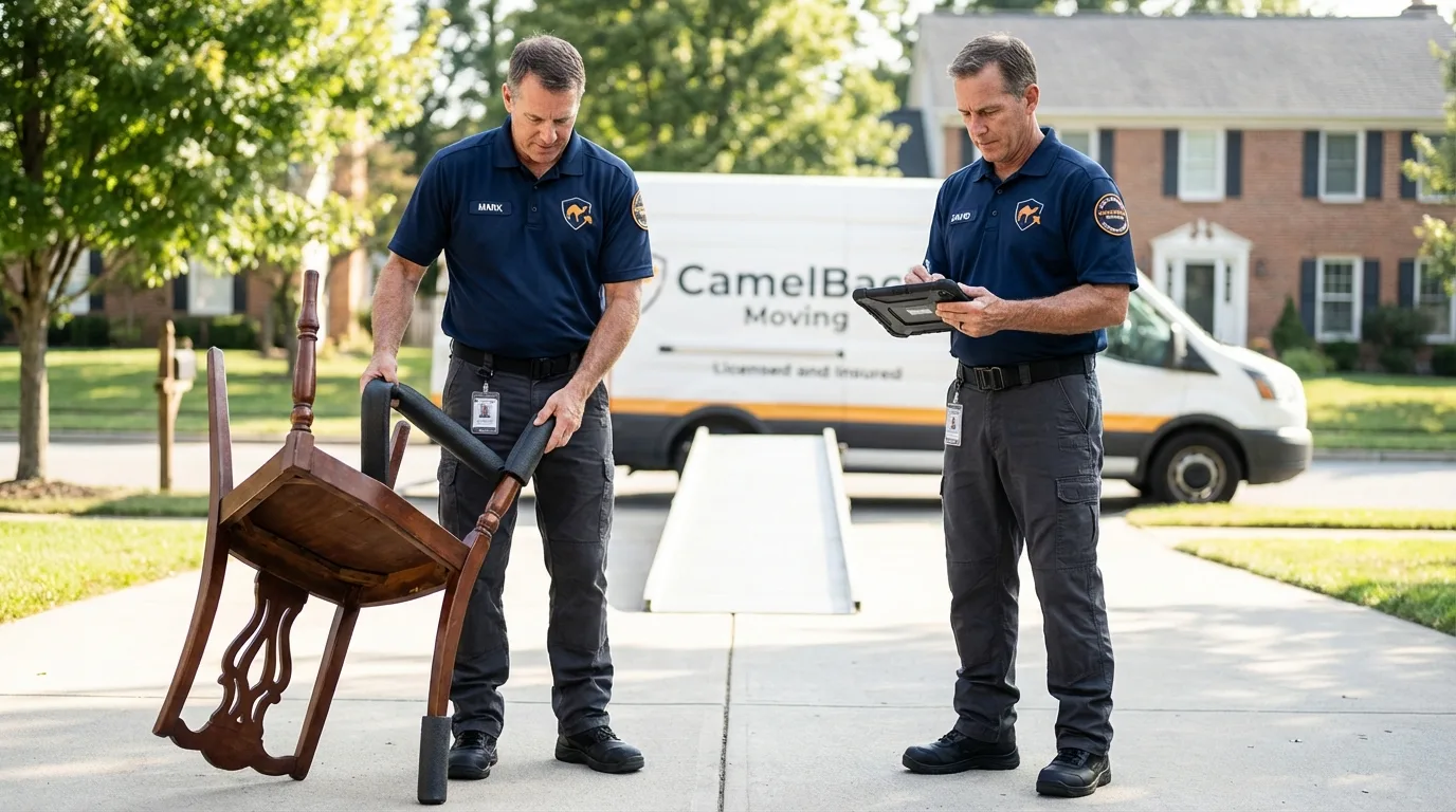 Movers inspecting furniture for damage prevention before loading in Jaffrey, NH