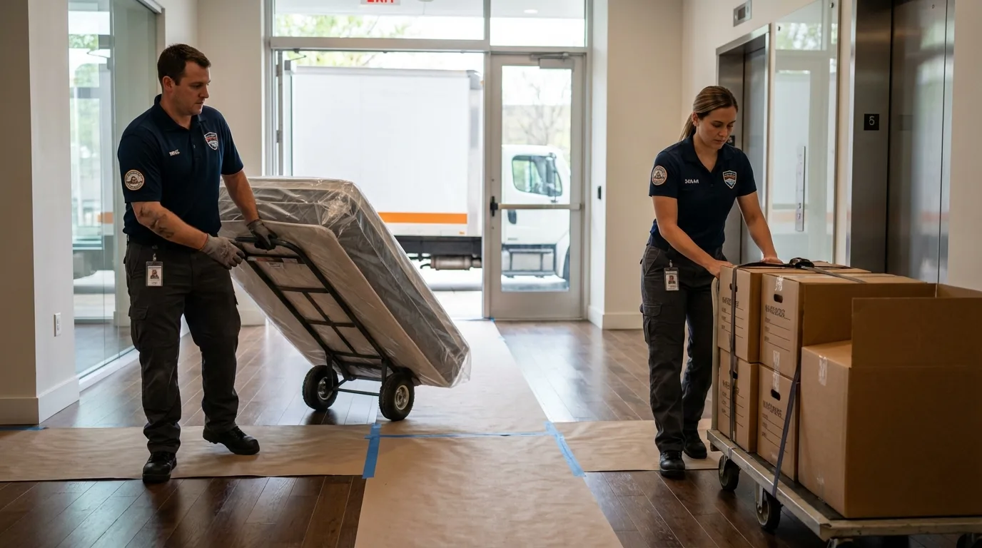Professional apartment movers loading elevator in Jaffrey, NH