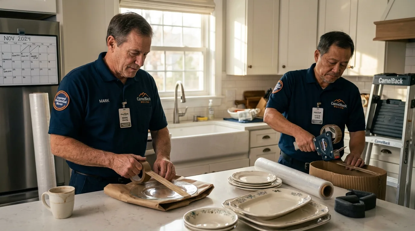 Professional crew packing kitchen dishware in Jaffrey, NH